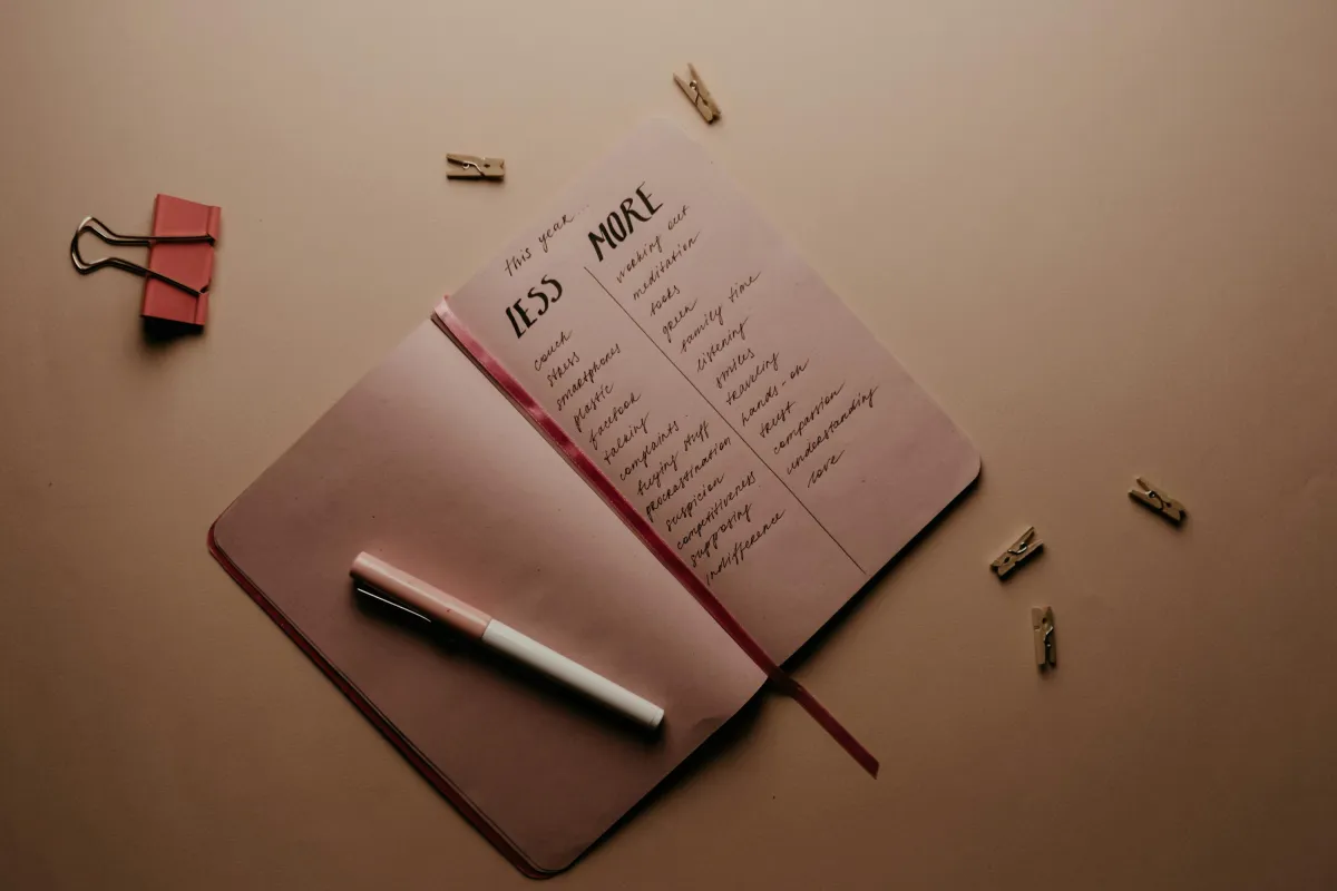 Buku jurnal terbuka berisi catatan tujuan dan daftar prioritas tahunan yang ditulis tangan